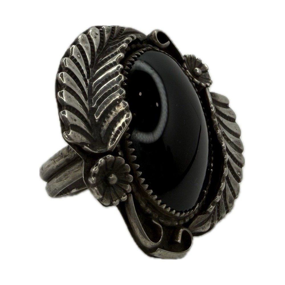 Native American Black Onyx Sterling Silver Size 7.75 Leaf Floral Statement Ring